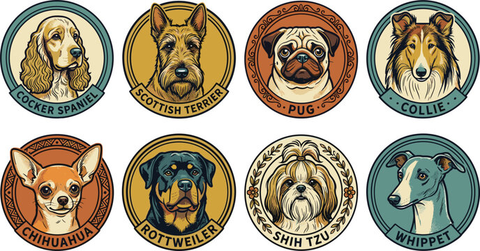 Vintage Dog Breeds Badge Set with Popular Pets Including Cocker Spaniel, Pug, Chihuahua, Rottweiler, and Collie for Retro Stickers, Logos, and Graphic Designs