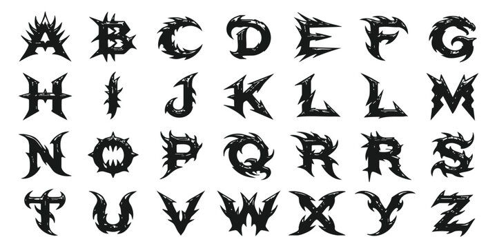 Set of black capital letters of the alphabet with a sharp aggressive metal or heavy metal music band font style