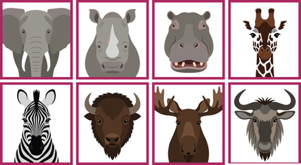 Wild Animal Face Icon Set with Elephant Rhino Hippo Giraffe Zebra Bison Moose and Wildebeest in Square Frames for Nature Designs © MstJuli