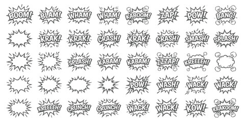Set of black and white comic book sound effect bubbles with various action words for graphic design projects © GraphixEra