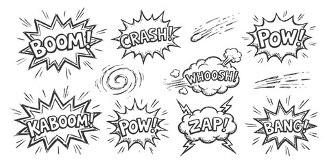 Set of hand drawn comic book sound effect speech bubbles with explosive words like boom crash pow and zap © GraphixEra