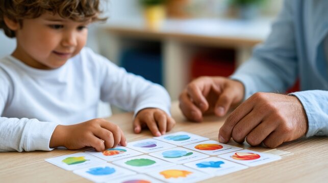 Young child with curly hair and adult hand engaged in educational activity with colorful flashcards on wooden table in inclusive school environment