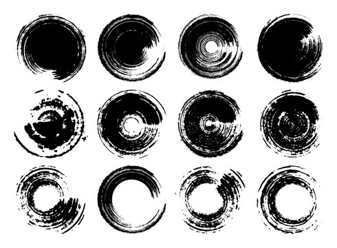 Set of Black Ink Brushstroke Circles. Hand-drawn textured Vector Rings, Distressed Paint Vector Frames, Zen Enso Elements and Artistic Round Brushstroke Circles for Modern Logos, Labels and Packaging