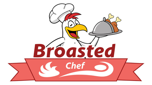 Broasted chef chicken mascot design with hat serving hot food on a platter.