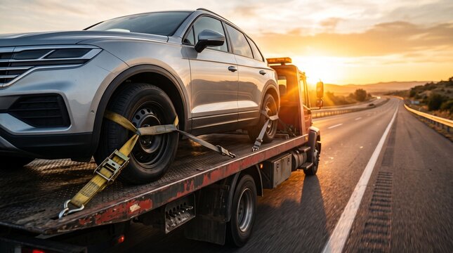 Modern SUV loaded on a flatbed tow truck on a highway at golden hour, representing car trouble and emergency road assistance