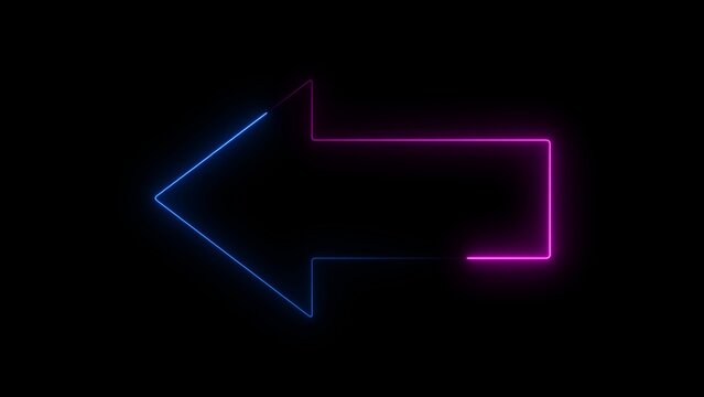 Neon back arrow and number 99 silhouette on black background, glowing outline digital