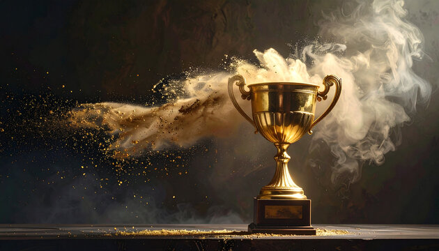 Golden trophy cup with flowing dust cloud award winner achievement success