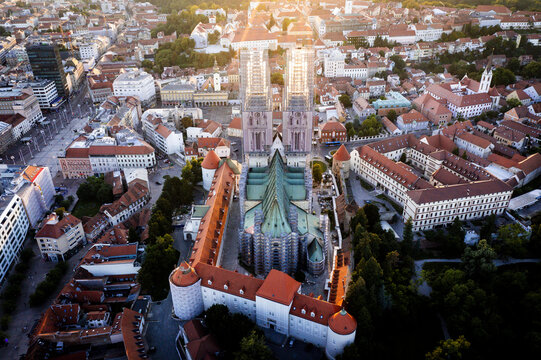 Aerial view of Cathedral of Zagreb surrounded by historic rooftops and urban streets in the city center of Zagreb, Grad Zagreb, Croatia.
