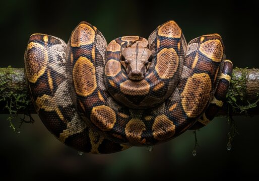 A powerful tropical boa constrictor coiled tightly around a wet jungle branch, displaying its intricate scale patterns and immense size, dangerous, animal, serpentine