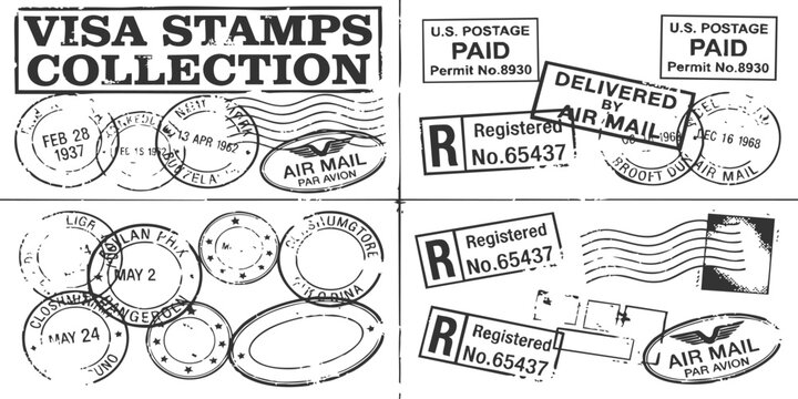 Set of vintage postal visa stamps and air mail cancellation markings for travel documents or mail letters