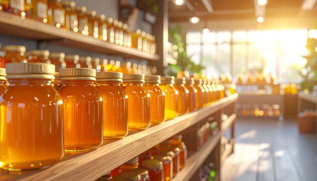 Honey jars on wooden shelves with warm lighting and blurred background