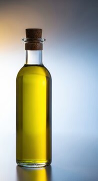 Premium extra virgin olive oil contained in a sleek clear glass bottle, naturally sealed with a traditional cork, suggesting purity and Mediterranean flavors, bottle, virgin, premium