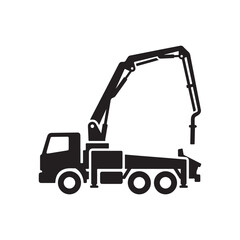 Concrete pump truck silhouette icon with hydraulic boom for tall building construction work site. © MdEashad
