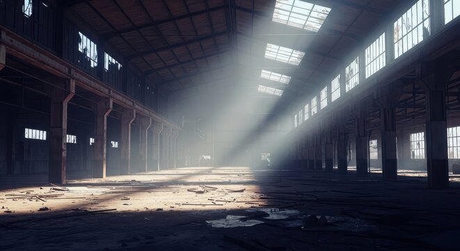 Vast industrial decay inside a forgotten factory hall. Broken glass, dusty light beams, and rusting metal structures highlight deep neglect and ruin, worn, derelict, dust