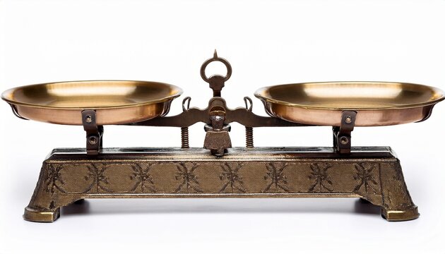 antique balance scale with brass pans isolated on white background