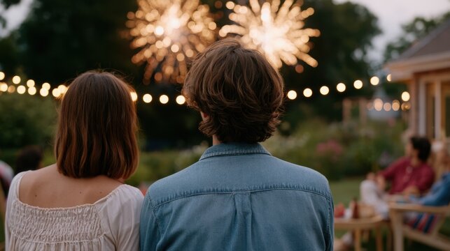 Couple watching fireworks display during Independence Day celebration in a backyard with string lights and guests enjoying the festive atmosphere