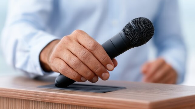 Man's hand holding a black microphone above a wooden podium with a sleek design, showcasing a modern setting suitable for speeches or presentations