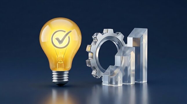Glowing lightbulb with checkmark beside silver gear and glass bar chart representing approved business ideas and successful strategic growth