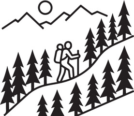 Fototapeta premium Hiking, outdoor adventure, mountain trekking, nature exploration, black line art icon