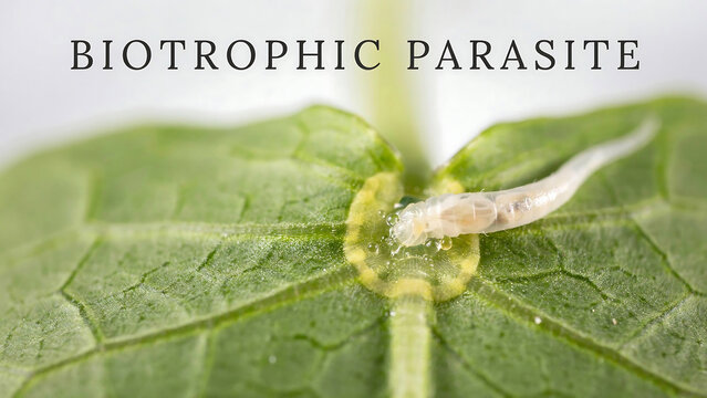 Biotrophic parasite on green leaf with white worm and yellow spots  plant disease and parasitism concept