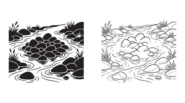 water stream with pebbles and rocks illustration for design