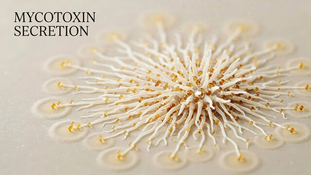 White fungal growth with yellow tips spreading outwards on a surface  mycotoxin secretion concept