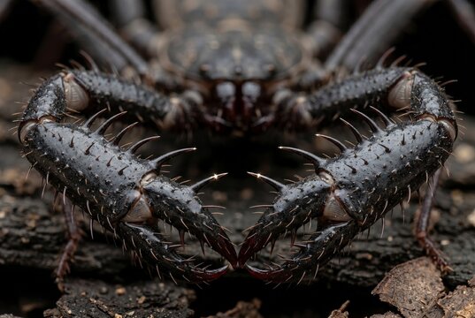 Extreme macro frontal view of sharp interlocking spines on amblypygi raptorial pedipalps