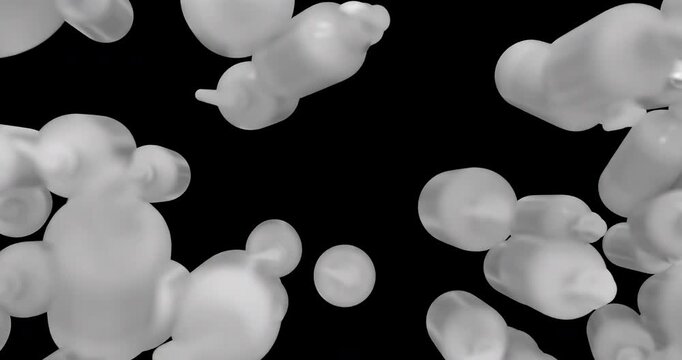White 3D soap bottles falling animation with 4K resolution and alpha channel.