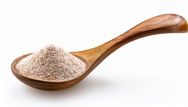 wooden spoon filled with psyllium husk isolated on white background psyllium husk in a wooden spoon isolated on white background