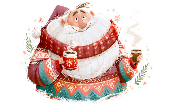 Santa drinks hot cocoa during winter and prepares for holiday celebrations with joy and smiles
