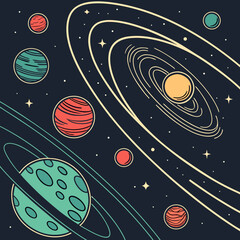 Fototapeta premium Illustration of planets and stars in outer space with solar system, planetary system
