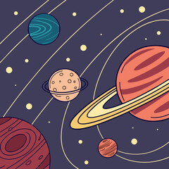 Fototapeta premium Colorful illustration of planets in space with rings and moons solar system planetary