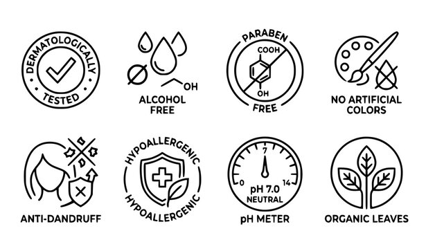 Minimalist organic cosmetic claim line icons and dermatologically tested alcohol free vector set