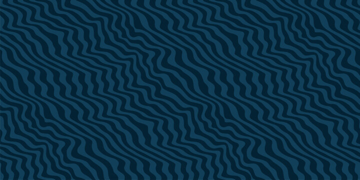 Subtle liquid lines texture. Vector seamless pattern with organic shapes, fluid stripes. Visual effect of 3D distort background. Illustration of water waves surface. Minimal abstract dark blue design