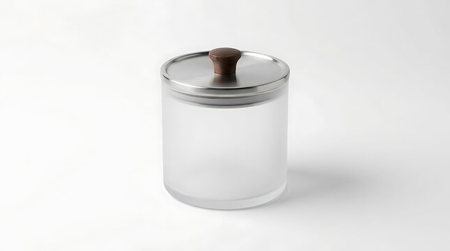 Empty frosted glass jar with a metallic lid and a small round wooden handle knob for kitchen storage organization. leak proof jars