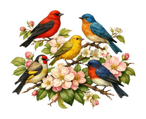Fototapeta premium PNG Colorful birds on floral branches.