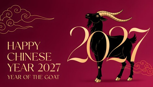 Elegant 2027 Chinese New Year greeting card design with a majestic black goat and traditional gold clouds on deep red background