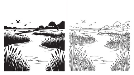 landscape illustration of rural fields with birds in a sky © Shamsul