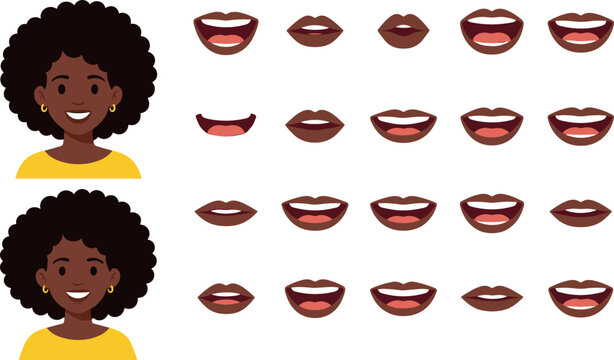 Black Woman Character Mouth Animation Set with Various Lip Sync Positions and Expressions for 2D Cartoon Puppets Character Explainer Videos and Dynamic Graphics