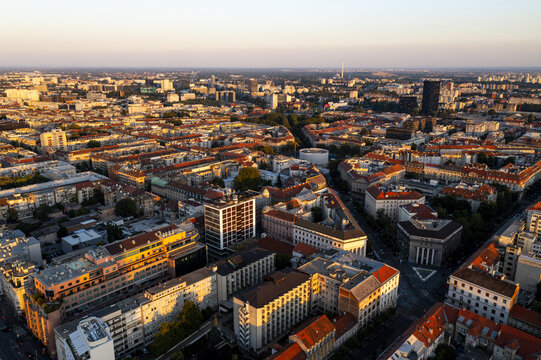 Aerial view of the cityscape of Zagreb with historic rooftops, urban architecture, and warm golden hour light in Zagreb, Grad Zagreb, Croatia.