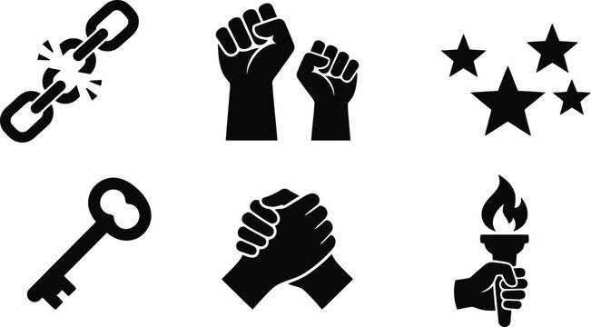 Black silhouette icons of protest and freedom symbols