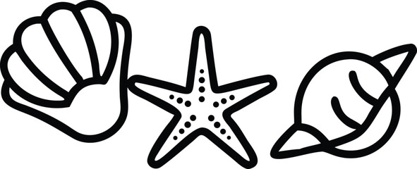 Seashell starfish and snail shell silhouettes against a white background simple line art © Riazhasan444