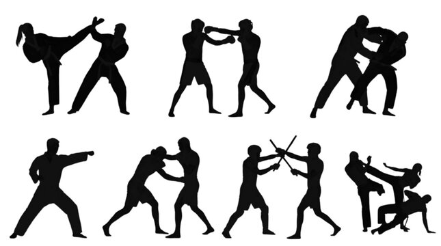 Silhouette of people practicing martial arts and self-defense moves