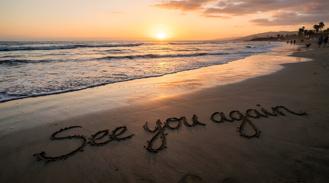Message Written in Sand: See you again inscribed on the wet sand of a beach, with gentle waves lapping at the shore during a tranquil sunset.