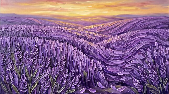 Impressionist Oil Painting of Lavender Fields in Provence at Golden Sunset