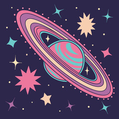Colorful planet with rings and stars in space astronomy universe celestial graphics © Hasen
