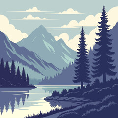 Mountain landscape with a calm lake and tall pine trees under a partly cloudy sky © Hasen