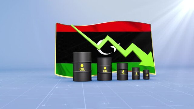 Libya Oil Price Falling with Oil Barrels Downward Green Arrow and 3D Financial Data Visualization Graphs for Economy and Business Concept