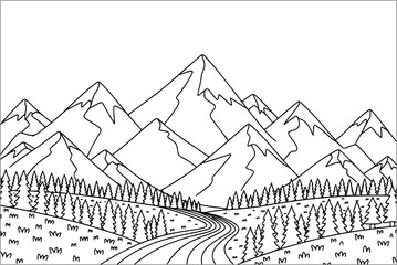 Fototapeta premium Mountain Landscape Coloring Page with Forest and Winding Road Outline Illustration