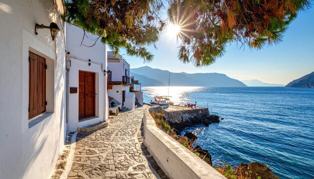 Sunlit Aegean village path curves toward sparkling sea, boats, and distant hills